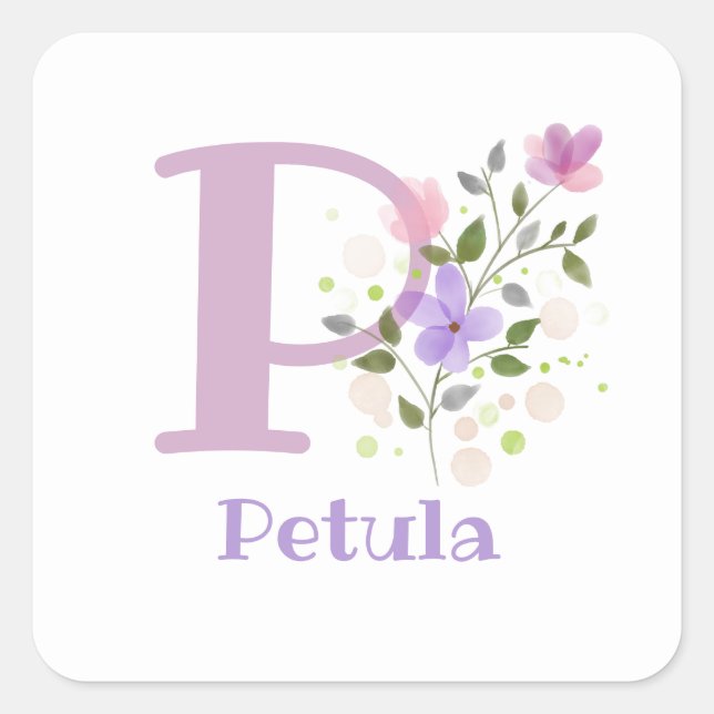 Adesivo Quadrado Personalizado com o Nome Petula e Primeiro Inicial (Frente)