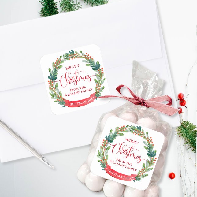 Adesivo Quadrado Personalizado, Coroa de Natal, Script, Festivo (Criador carregado)