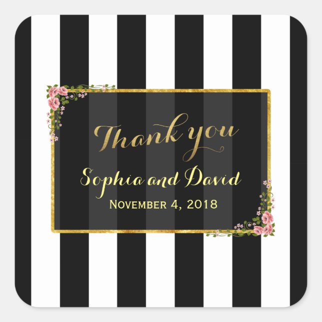 Adesivo Quadrado Personalizado De Casamento De Folha De Ouro Floral (Frente)