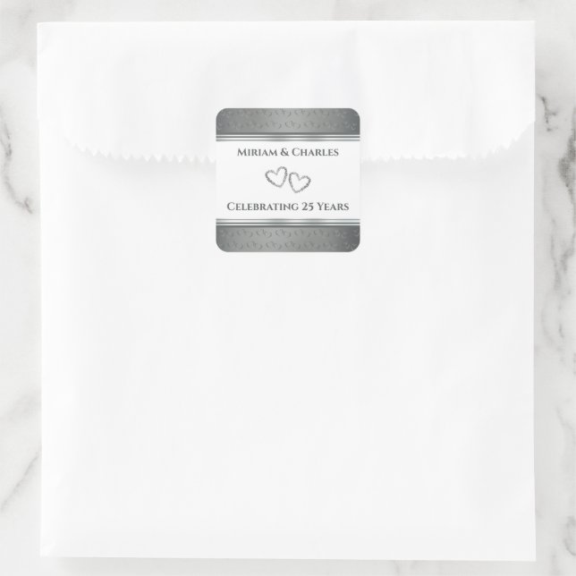 Adesivo Quadrado Personalizado Elegante Chique Prata 25º Aniversári (Bolsa)