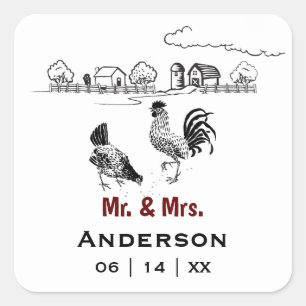 Adesivo Quadrado Personalizado Sr. e Sra. Chicken Fazenda Wedding