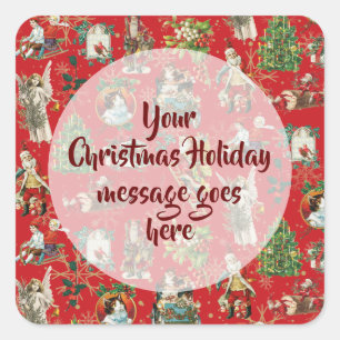 Adesivo Quadrado Personalizado Vintage Retro Natal Festivo Vermelho