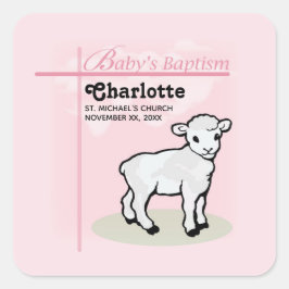 Adesivo Quadrado Personalizável, Batismo, Rosa, Menina, Cordeiro