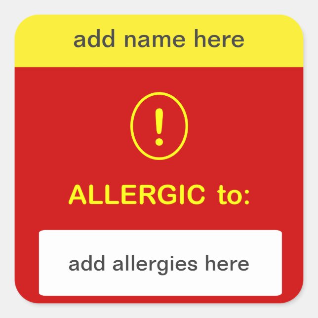 Adesivo Quadrado PERSONALIZE ESTE ~ Adicionar Nome + Alergia. (Frente)