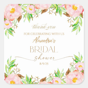 Adesivo Quadrado Personalize Flores para Chá de Noiva Obrigada