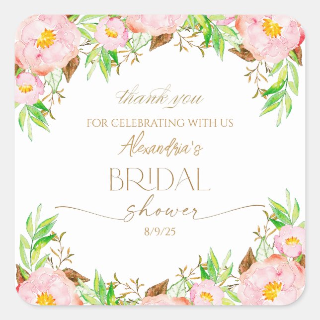 Adesivo Quadrado Personalize Flores para Chá de Noiva Obrigada (Frente)