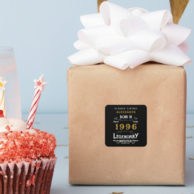 Adesivo Quadrado Personalized 30th Birthday Add Name 1996 Legend (Born 1996 sticker on a wrapped gift.)