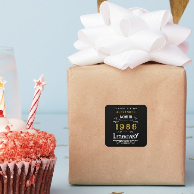 Adesivo Quadrado Personalized 40th Birthday Add Name 1986 Legend (Born 1986 birthday sticker on a wrapped gift.)
