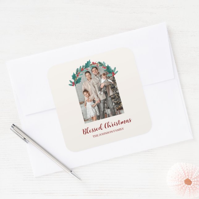 Adesivo Quadrado Personalized Christmas Wreath Photo & Name Sticker (Envelope)