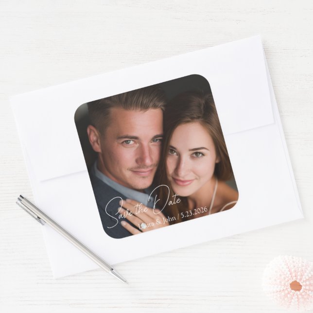 Adesivo Quadrado Personalized Photo & Custom Text Wedding Sticker (Envelope)