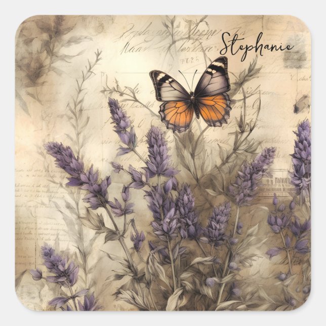 Adesivo Quadrado Personalized Vintage Lavender Butterfly Art (Frente)