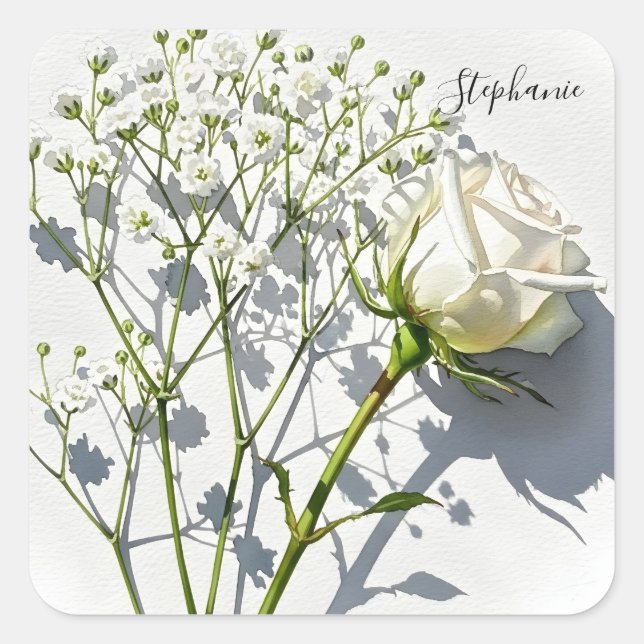 Adesivo Quadrado Personalized White Rose Floral Sticker (Frente)