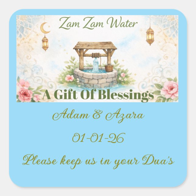 Adesivo Quadrado Personalized Zam Zam Water Label –Floral & Islamic (Frente)