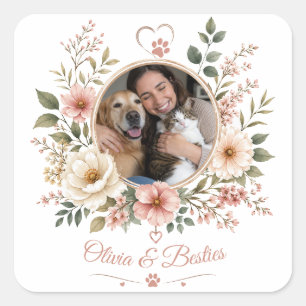 Adesivo Quadrado PersonalizeFoto & Nome Amante de Animais Floral