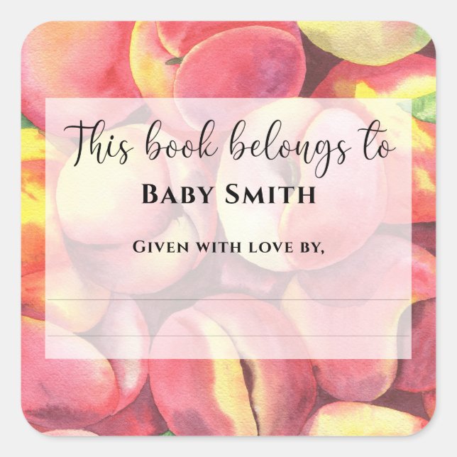 Adesivo Quadrado Pêssegos aquarelas - Este livro pertence a (Frente)