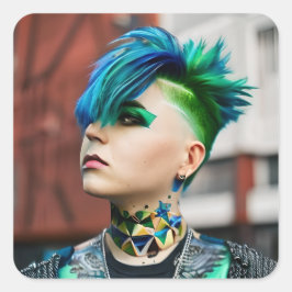 Adesivo Quadrado Pessoa transgênero com Mohawk Azul e Verde