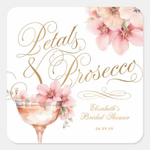 Adesivo Quadrado Pétalas de Ouro Rosa e Bridal Shower de Prosecco