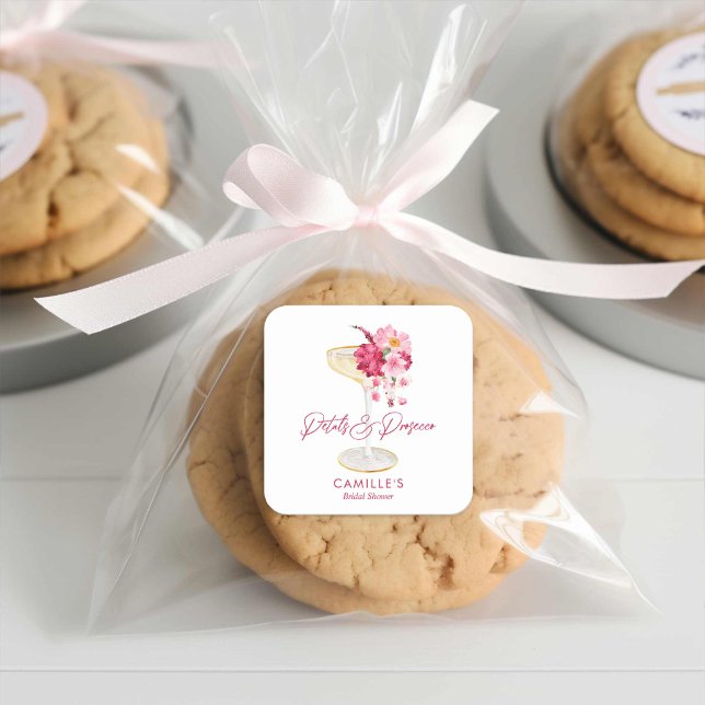 Adesivo Quadrado Pétalas e Prosecco Favor de Noiva Floral para Chá  (Champagne Pink Floral Bridal Shower Favor Stickers)