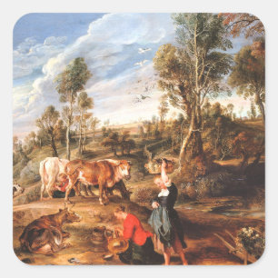 Adesivo Quadrado Peter Paul Rubens Milkmaids with Cattle in a Lands