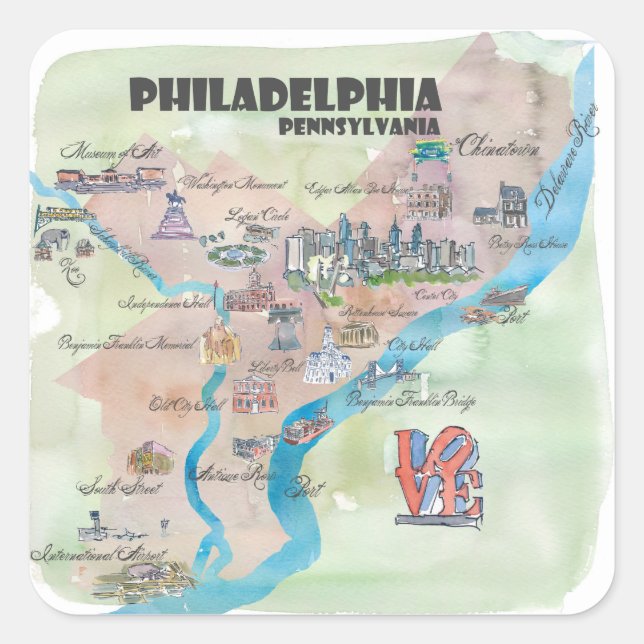Adesivo Quadrado Philadelphia Pennsylvania Retro Vintage Art Map (Frente)