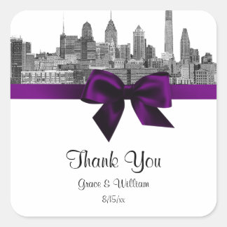 Adesivo Quadrado Philadelphia Skyline Etch BW Roxo Favor Tag