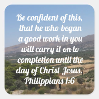 Adesivo Quadrado Philippians 1:6 Bíblia personalizada no verso do c
