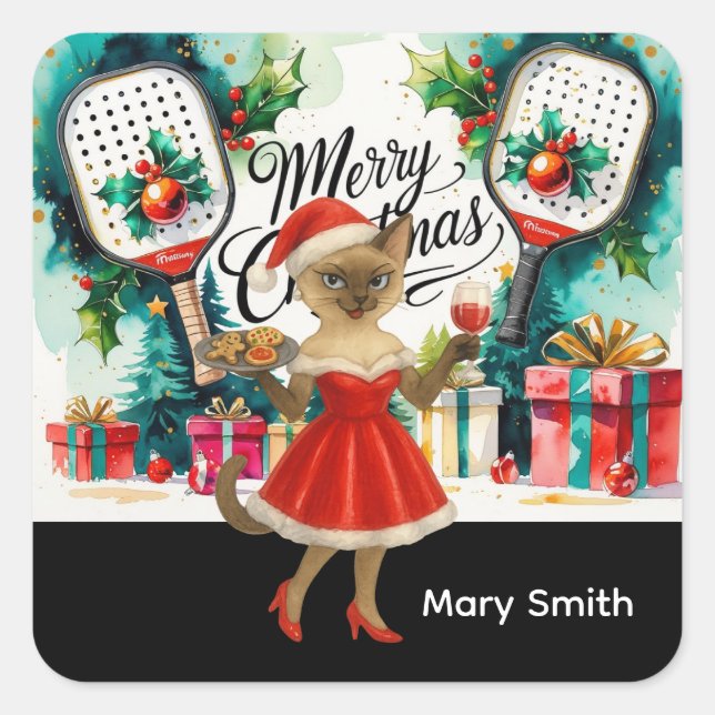 Adesivo Quadrado Pickleball Natal temático para Amantes de Gatos (Frente)
