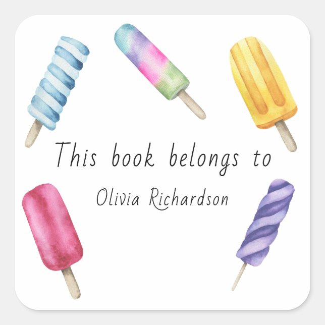 Adesivo Quadrado Picolé de Aquarela Este livro pertence a (Frente)