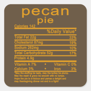 Adesivo Quadrado pie pecan, dia de graças, Nutrição Fatos