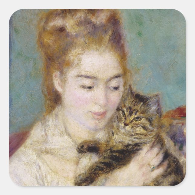Adesivo Quadrado Pierre A Renoir | Mulher com gato (Frente)