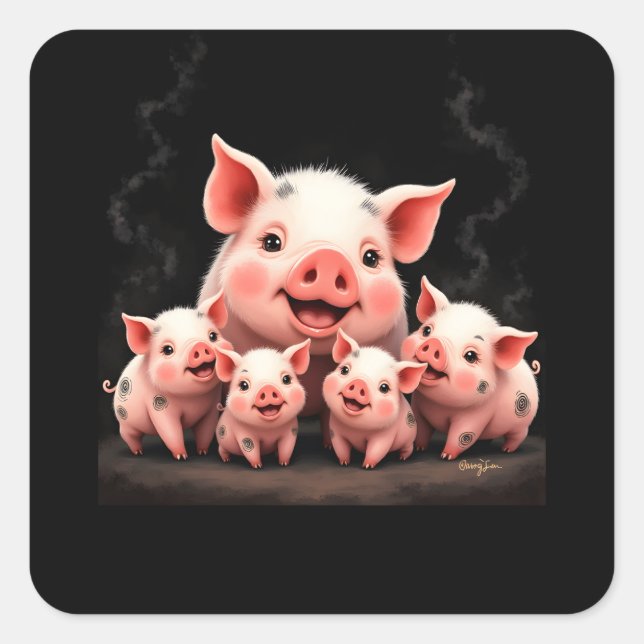 Adesivo Quadrado Pig Artwork – Mother Pig & Piglets (Frente)