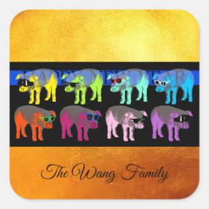 Adesivo Quadrado Pig Chinês Ano Novo 2019 Pop Dourado Quadrado S