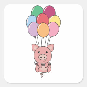Adesivo Quadrado Pig Flies Up With Colorful Balloons