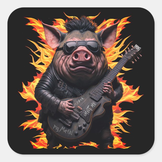 Adesivo Quadrado Pig Metal Guitar I Ham Rock And Roll Musical Hot (Frente)