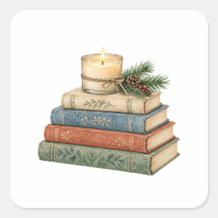 Adesivo Quadrado Pilha de Livros Aconchegantes com Vela e Pinheiro