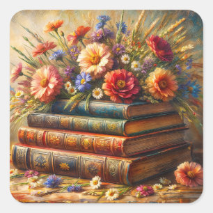 Adesivo Quadrado Pilha de Livros Antigos Arte Floral