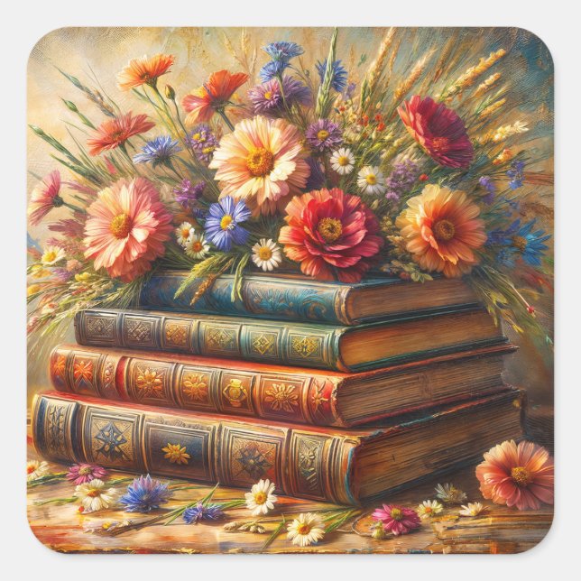 Adesivo Quadrado Pilha de Livros Antigos Arte Floral (Frente)