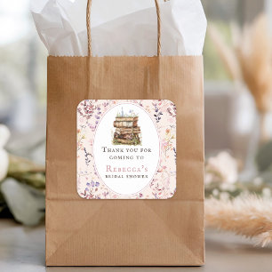 Adesivo Quadrado Pilha de livros chá de noiva aquarela flor silvest