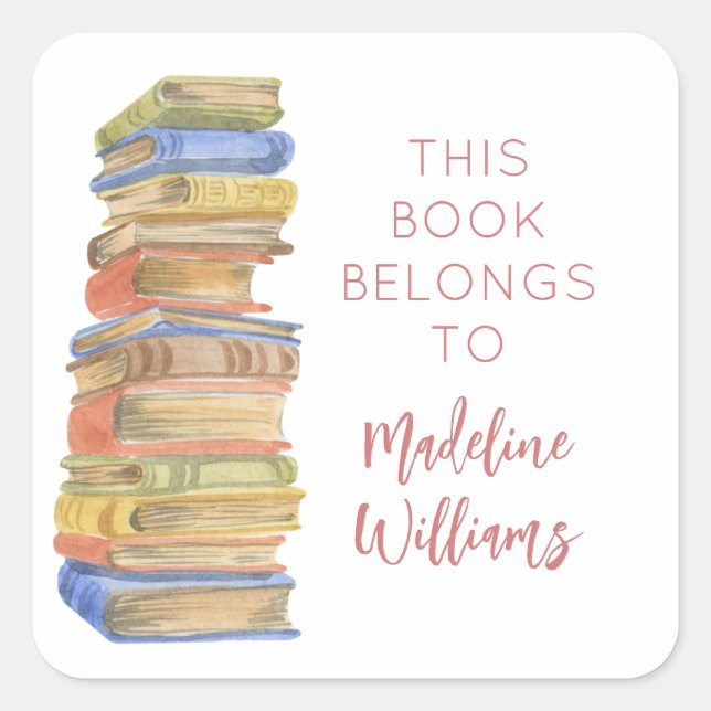 Adesivo Quadrado Pilha De Livros Este Livro Pertence A Nome (Frente)