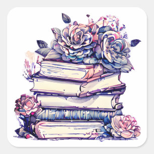 Adesivo Quadrado Pilha de Rosas e livros antigos