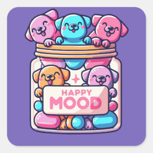 Adesivo Quadrado Pílulas de humor felizes Pílulas de Cães Coloridos
