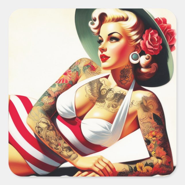 Adesivo Quadrado Pin-up de maiô com tatuagem retrô (Frente)