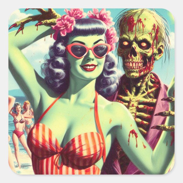 Adesivo Quadrado Pin-Up do Zombie da Praia Retro (Frente)