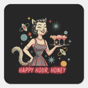 Adesivo Quadrado Pin-Up Retro do Gato Atômico "Happy Hour, Querid