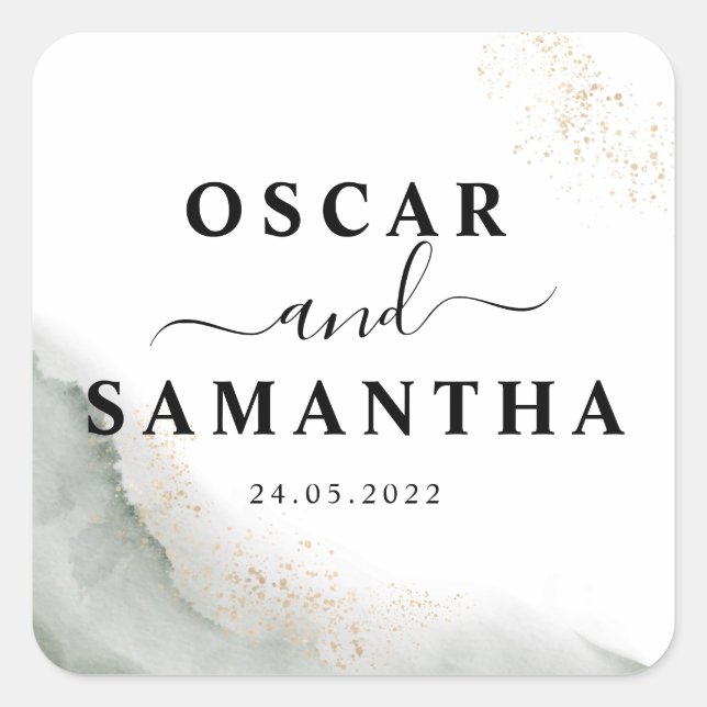 Adesivo Quadrado Pinceladas Abstratas de Aquarela Verde & Dourado (Frente)