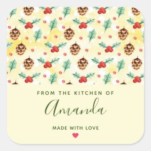 Adesivo Quadrado Pine Cones e Holly Christmas Pattern Kitchen