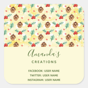 Adesivo Quadrado Pine Cones e Holly Christmas Patternos Business