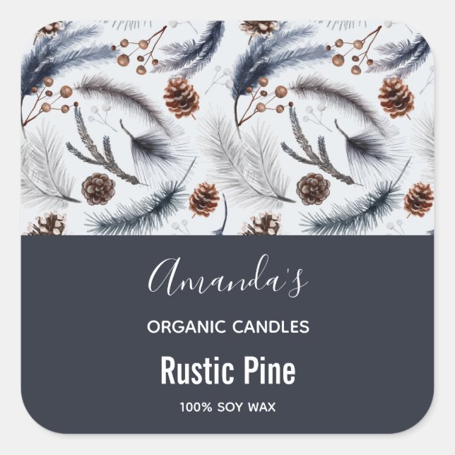 Adesivo Quadrado Pine Rustic Cones Watercolor Candle (Frente)