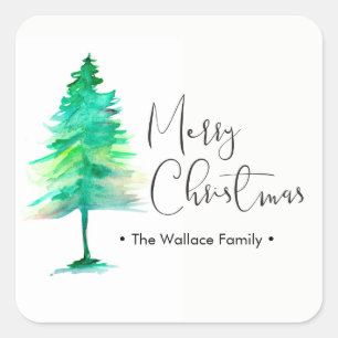 Adesivo Quadrado Pine Tree Minimalista de Aquarela Feliz Natal
