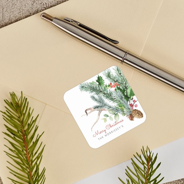 Adesivo Quadrado Pinecone Antler Berries Feriado de inverno (Winter Greenery Pinecone Antler Berries Holiday Square Sticker)